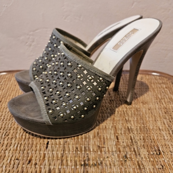 GUESS "Kamari" Suede Gold Studded Platform Mules - Picture 4 of 13